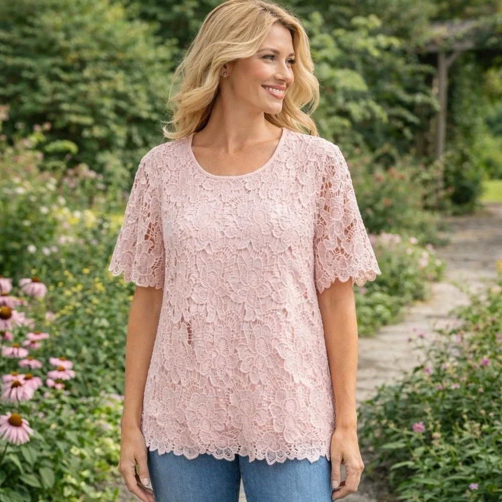 NEW‎ Philosophy Blush Pink All Over Lace Floral Blouse Feminine Dainty Fairy XXL